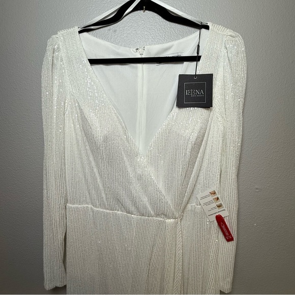 Mac Duggal Faux Wrap Long Sleeve Sequin Gown in White - Picture 4 of 11